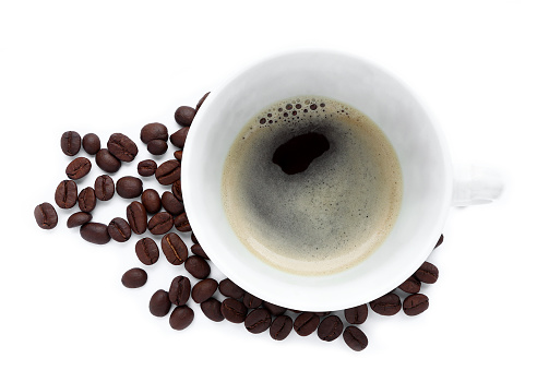 Cup of coffee beans on a white background.