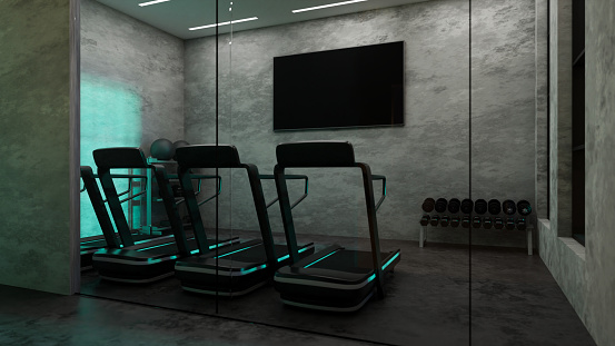 Modern dark fitness gym sport training center interior design with treadmill running machines, dumbbells, sport equipment and TV screen on wall. 3d rendering, 3d illustration