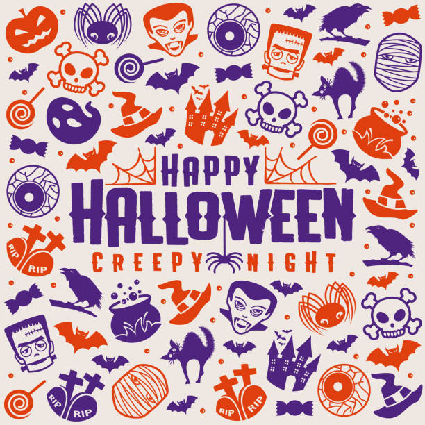ilustraciones, imágenes clip art, dibujos animados e iconos de stock de diseño de tarjeta cuadrada de halloween - v1 - halloween horror vampire witch