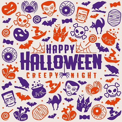 Greeting card/banner design for Halloween with related icons and symbols. Square format.