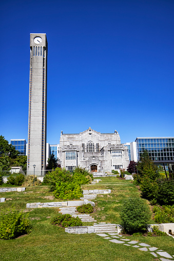 July 1, 2022, Clock tower and Irving K Barber Learning Centre at the University of British Columbia campus, Vancouver, Canada