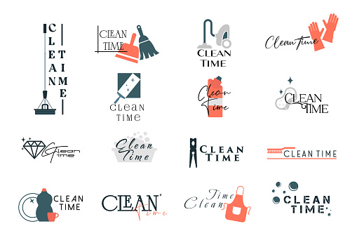 Set of cleaning service emblems, clean time. Vector