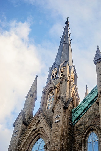 Steeples of St. Dunstan's Basilica Cathedral in downtown Charlottetown, Prince Edward Island.