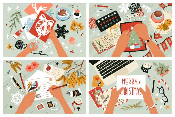 ilustraciones, imágenes clip art, dibujos animados e iconos de stock de proceso creativo. hecho a mano, creando decoraciones navideñas, felicitaciones y tarjetas. felices fiestas. estilo plano en ilustración vectorial. - como hacer nieve casera