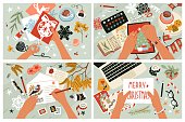 istock Creative process. Handmade, creating Christmas decorations, congratulations and cards. Happy holiday. Flat style in vector illustration. 1420896219