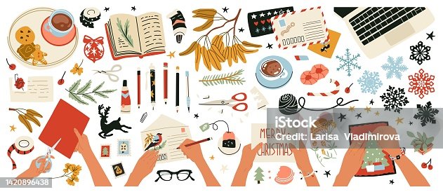 istock Collection of objects and compositions with female hands at work. Creating Christmas decorations, greeting cards, writing letters and compiling a wish list. Flat style in vector illustration. Isolated 1420896438