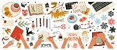 istock Collection of objects and compositions with female hands at work. Creating Christmas decorations, greeting cards, writing letters and compiling a wish list. Flat style in vector illustration. Isolated 1420896438