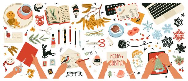 Collection of objects and compositions with female hands at work. Creating Christmas decorations, greeting cards, writing letters and compiling a wish list. Flat style in vector illustration. Isolated Collection of objects and compositions with female hands at work. Creating Christmas decorations, greeting cards, writing letters and compiling a wish list. Flat style in vector illustration. Isolated christmas human hand christmas ornament decoration stock illustrations