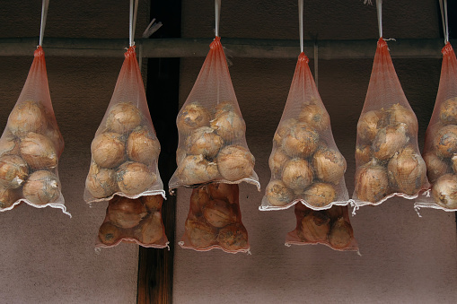 Image of hanging onions to dry