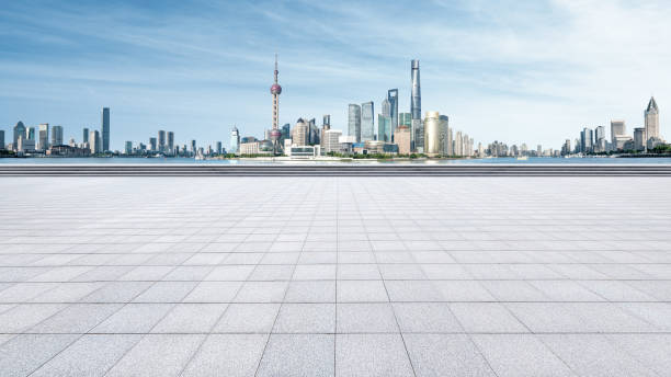 istock Panoramic skyline of Shanghai and Huangpu river, and empty floor 1420907654