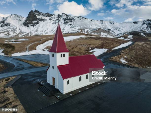 Iceland Church Of Vik In Winter Drone View Reyniskirkja Chruch Stock Photo - Download Image Now