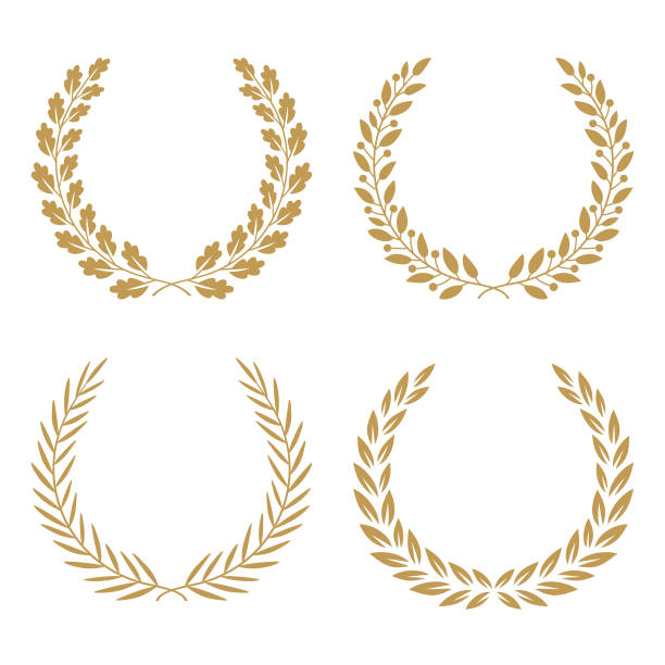 Golden wreaths Set of four golden wreaths anniversary silhouettes stock illustrations