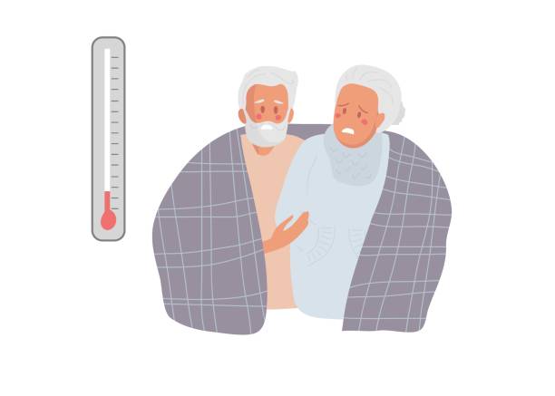 stockillustraties, clipart, cartoons en iconen met elderly woman and man looking at thermometer and freezes. elderly people try to keep warm under blanket. suffering from cold. dissatisfied senior woman and man having problem with central heating - central heating