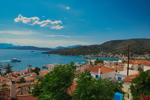 Poros island, an island of Argosaronicos, on colorful day in Aegean, Greece