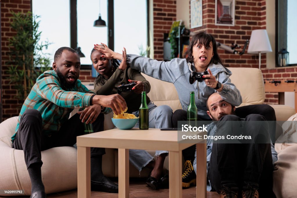 Friends Competition Smiling Friends Having Fun With Video Games Competition Stock Photo ...