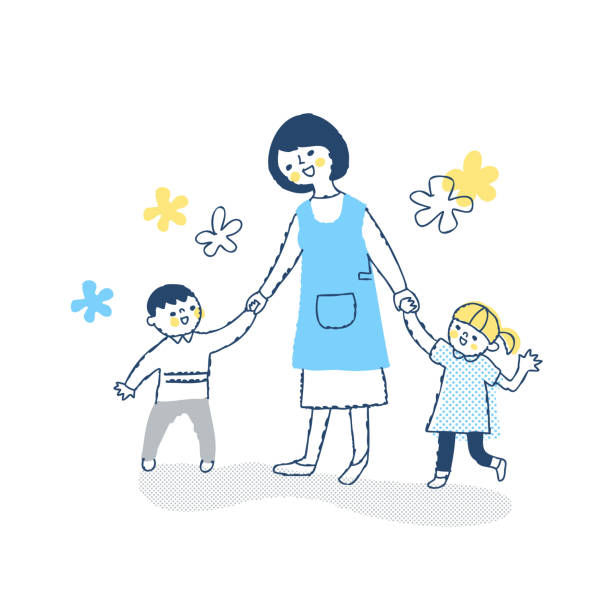 Young woman holding hands with children Nursery teacher, teacher, woman, child, parent and child, childcare, parenting, mother preschool building stock illustrations