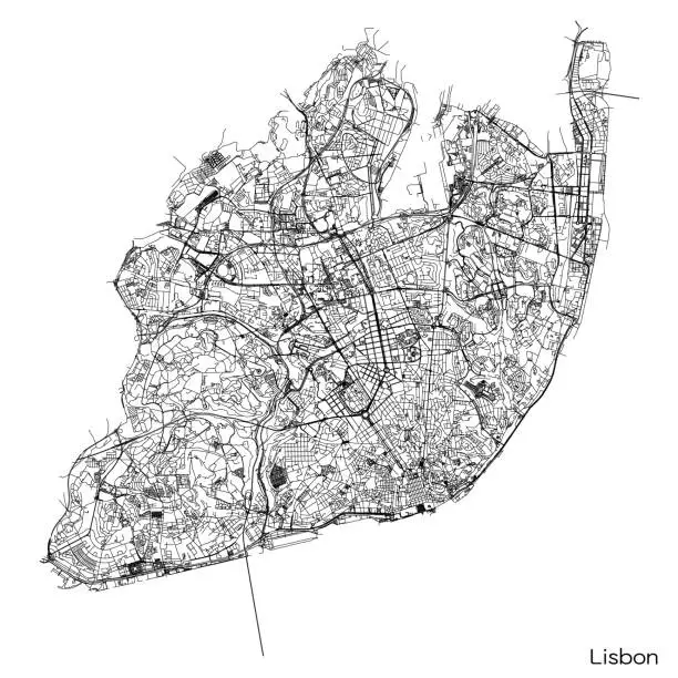 Vector illustration of Lisbon city map with roads and streets, Portugal. Vector outline illustration.