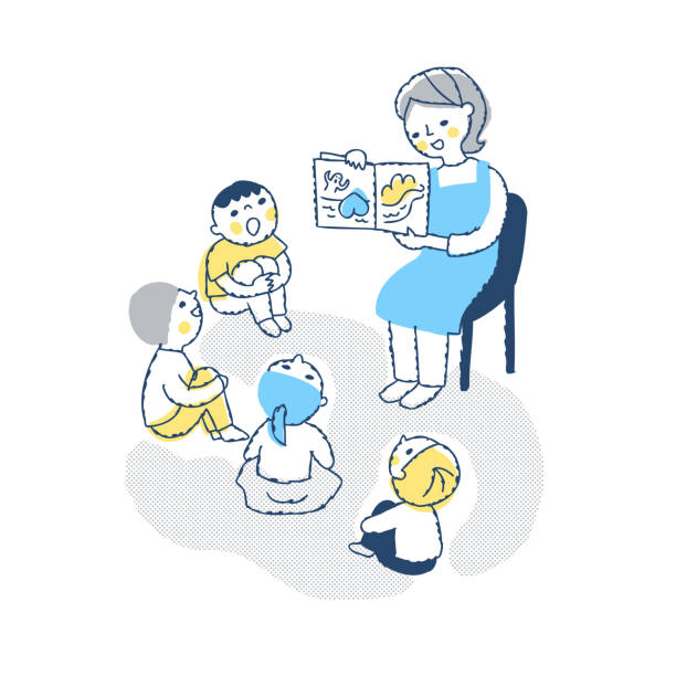 illustrazioni stock, clip art, cartoni animati e icone di tendenza di insegnante di scuola materna e bambini che leggono libri illustrati - child book reading offspring