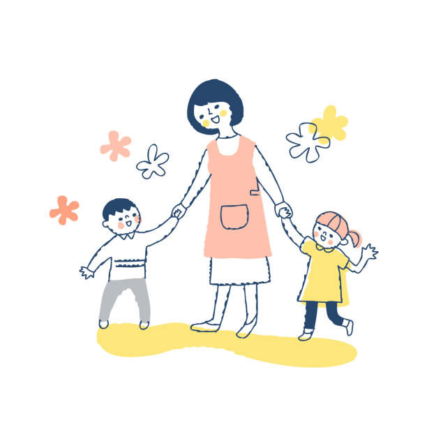 Young woman holding hands with children Nursery teacher, teacher, woman, child, parent and child, childcare, parenting, mother japanese boy and girl stock illustrations