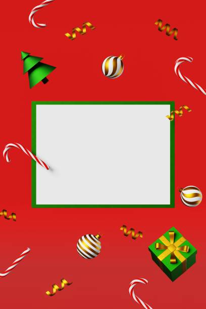 istock Christmas greeting card mockup fir tree ball candy cane gift box ribbon bow 3d rendering. Board template red background. 1420916896