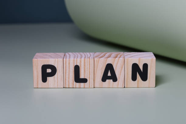 istock Plan word on wooden block  on green background 1420917799