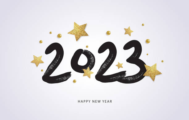 happy new year 2023. vector holiday illustration with 2023 logo text design, sparkling confetti and shining golden stars on white background. - 2023 midautumn festival 幅插畫檔、美工圖案、卡通及圖標