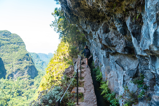 Trekking trail on the cliffs at Levada do Caldeirao Verde, Queimadas, Madeira