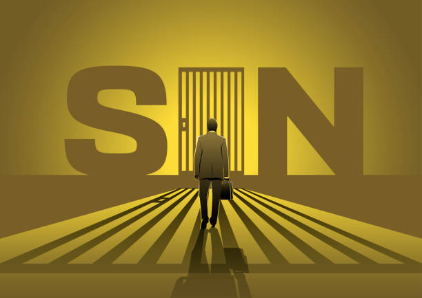 A businessman walking towards a prison in the word SIN An illustration of a businessman walking towards a prison in the word SIN inviting stock illustrations