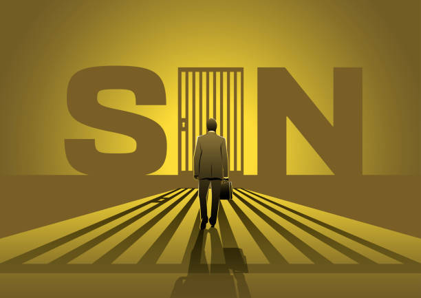 A businessman walking towards a prison in the word SIN An illustration of a businessman walking towards a prison in the word SIN pics of a bewitched stock illustrations