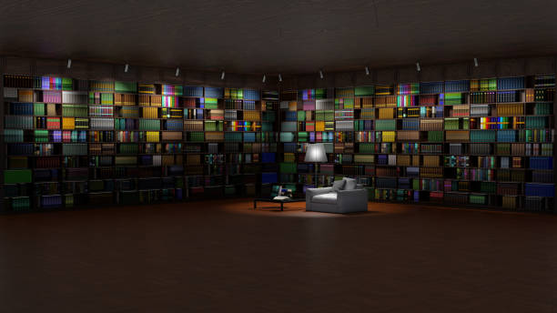 3D illustration. Large bookcase inserted in an elegant living room. Wooden furniture and lighting create a warm atmosphere.
