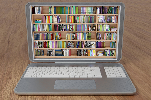 3D illustration. Library, with lots of books, inside a laptop. Ebooks, electronic books, available for download on portable computing device.