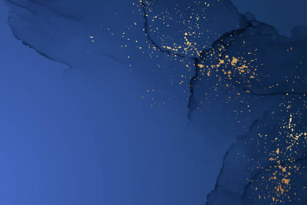 Watercolor background with abstract navy blue ink waves and golden splashes. Modern watercolor background or elegant card design or wallpaper or poster with abstract navy blue ink waves and golden splashes. thank-you-gold-greeting-card stock illustrations