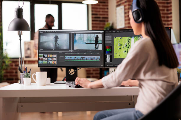 istock Creative digital editor editing movie footage 1420927058