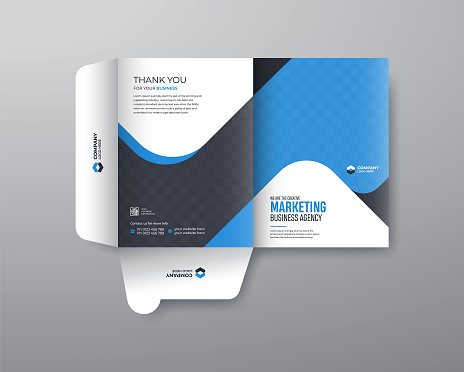 Business folder for files, presentation folder blue color design. the layout is for posting Information about the comapany, corporate folder, text, modern, Creative.