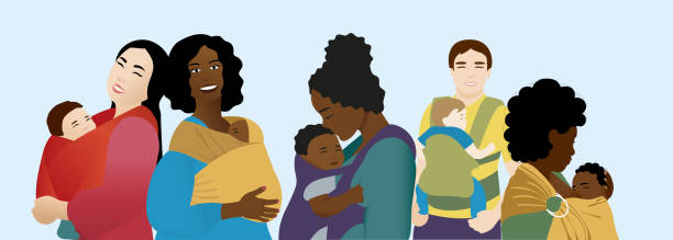 ilustracja przedstawiająca różne osoby noszące dzieci - baby carrier obrazy stock illustrations