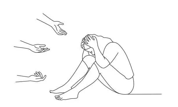 Vector illustration of Human hands help a sad lonely woman to get rid of depression.