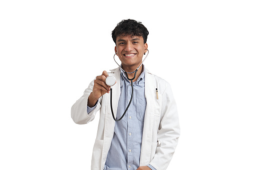 Portrait of a young peruvian male doctor using the stethoscope. Isolated over white background.