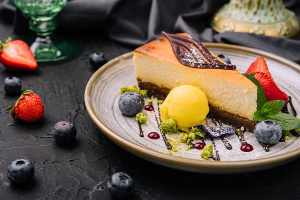 istock vanilla cheesecake with chocolate and berries 1420938267