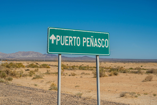 Puerto Penasco, Mexico, MX - Feb 5, 2022: A welcoming signboard at the entry point of the city