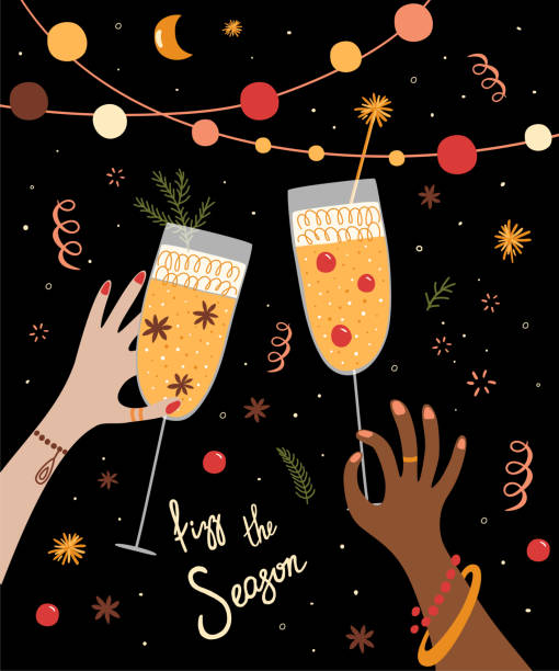 乾杯シャンパン。シャンパンの女の子。乾杯するシャンパングラス。新年またはメリークリスマスパーティーのお祝い。ガールズパーティーのお祝い。シャンパンの入ったグラスを握る女性� - champagne flute champagne glass alcohol点のイラスト素材／クリップアート素材／マンガ素材／アイコン素材