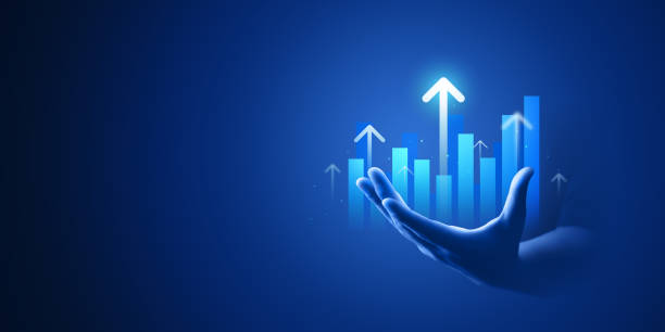 empresario manual plan de crecimiento gráfico de negocios gráfico financiero sobre mejora fondo azul con éxito diagrama de inversión estrategia de marketing o aumento de la flecha de acciones datos de ganancias y análisis del mercado. - performance chart optimization boost fotografías e imágenes de stock