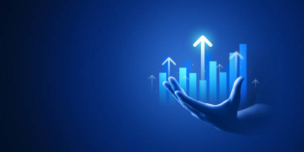 ビジネスマンの手は、成功投資図マーケティング戦略または増加矢印株式利益データと分析市場と改善の青い背景に成長ビジネスグラフ財務チャートを計画します。 - financial occupation graph chart blue ストックフォトと画像