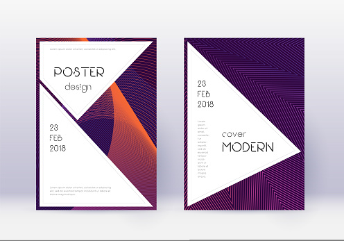 Stylish cover design template set. Violet abstract lines on dark background. Fascinating cover design. Lovely catalog, poster, book template etc.