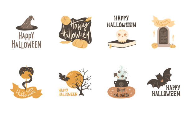 ilustraciones, imágenes clip art, dibujos animados e iconos de stock de set de impresiones de halloween. calavera en libro, sombrero de bruja, puerta mística y velas, serpiente sobre manzana caramelo, caldero con veneno, murciélago. - witch halloween cauldron bat