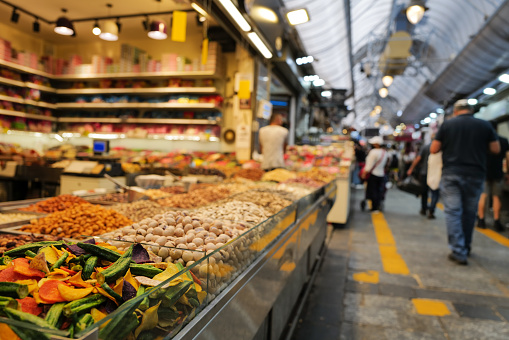 Jerusalem, Israel, 8 august 2022: Mahane Yehuda market in Jerusalem, picture of a dried fruit shop.