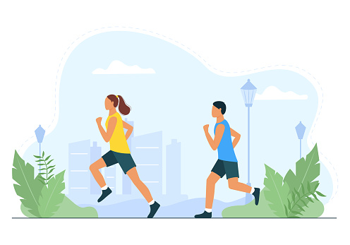 Woman and a man run in a park. Professional athletes run outdoors. Sports training, active recreation, healthy lifestyle. Vector illustration
