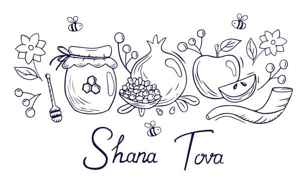rosh hashanah card design with apple, honey, pomegranate and bees on white background in doodle style. vector - rosh hashanah stock illustrations