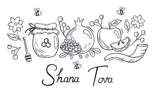 Rosh Hashanah card design with apple, honey, pomegranate and bees on white background in doodle style. Vector