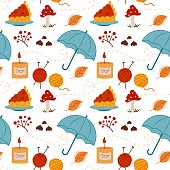 istock Fall season cozy attributes. Autumn accessories and leaves. Seamless pattern. Can be used for web page background fill, surface texture 1420943727