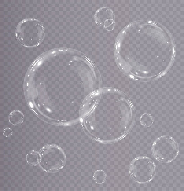 ilustrações de stock, clip art, desenhos animados e ícones de collection of realistic soap bubbles. bubbles are located on a transparent background. vector flying soap bubble. bubble  water glass bubble realistic - bolha estrutura física